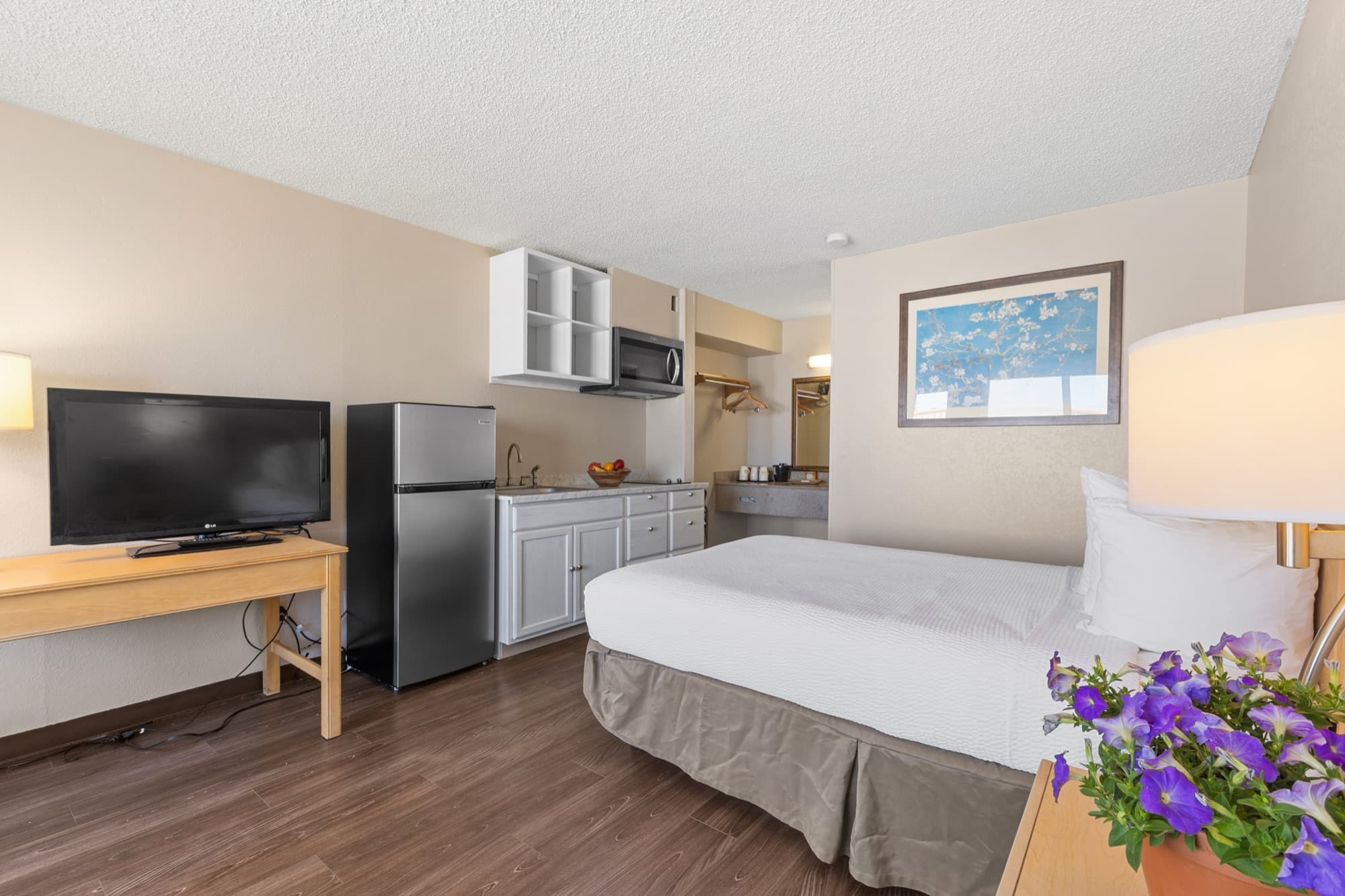King room with a kitchenette: full-size fridge, microwave and counter